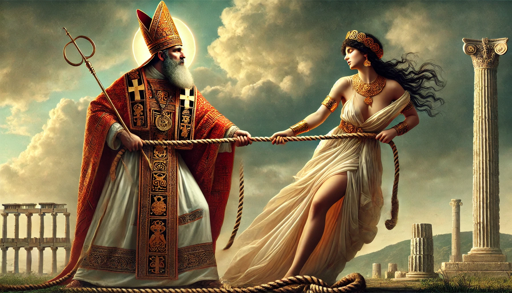 DALL·E 2024 12 05 07.32.09 Saint Nicholas of Myra dressed in the traditional Czech Saint Nicholas costume with a bishops mitre and robe is tugging on a rope against the godde