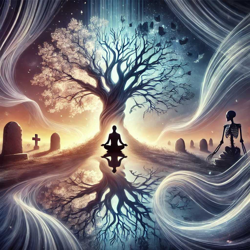 DALL·E 2024 12 18 13.35.23 An artistic and thought provoking illustration symbolizing the acceptance of death and its role in personal growth. The scene features a serene ether 1