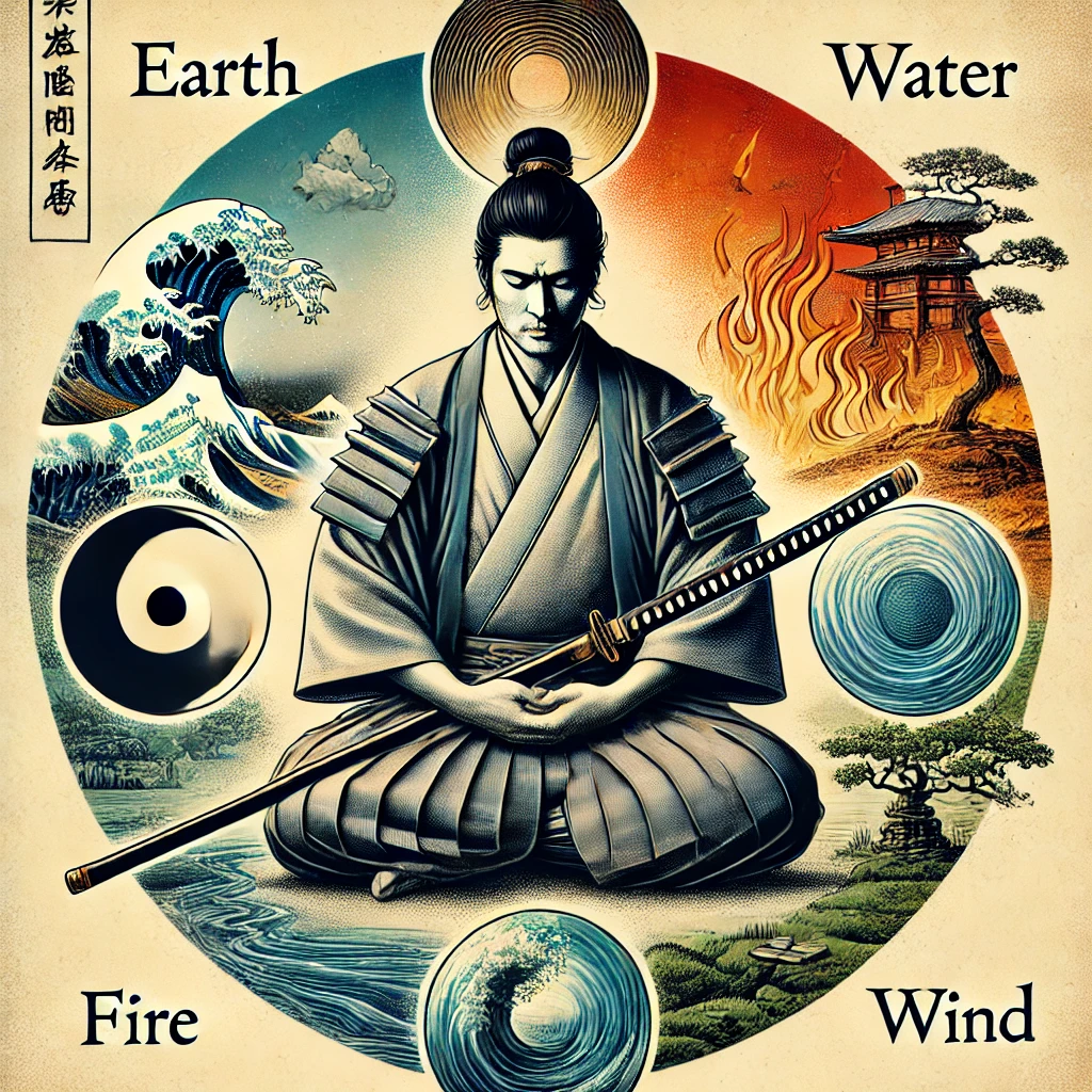 DALL·E 2024 12 18 14.24.22 An artistic illustration in a Japanese samurai style depicting a traditional samurai in meditative pose surrounded by elements symbolizing the five
