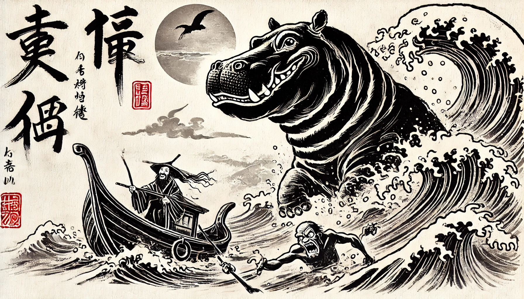 DALL·E-2024-09-01-12.08.01-A-black-and-white-ink-illustration-in-the-traditional-style-of-Japanese-calligraphy-from-the-17th-century-depicting-a-hippopotamus-emerging-from-a-tu