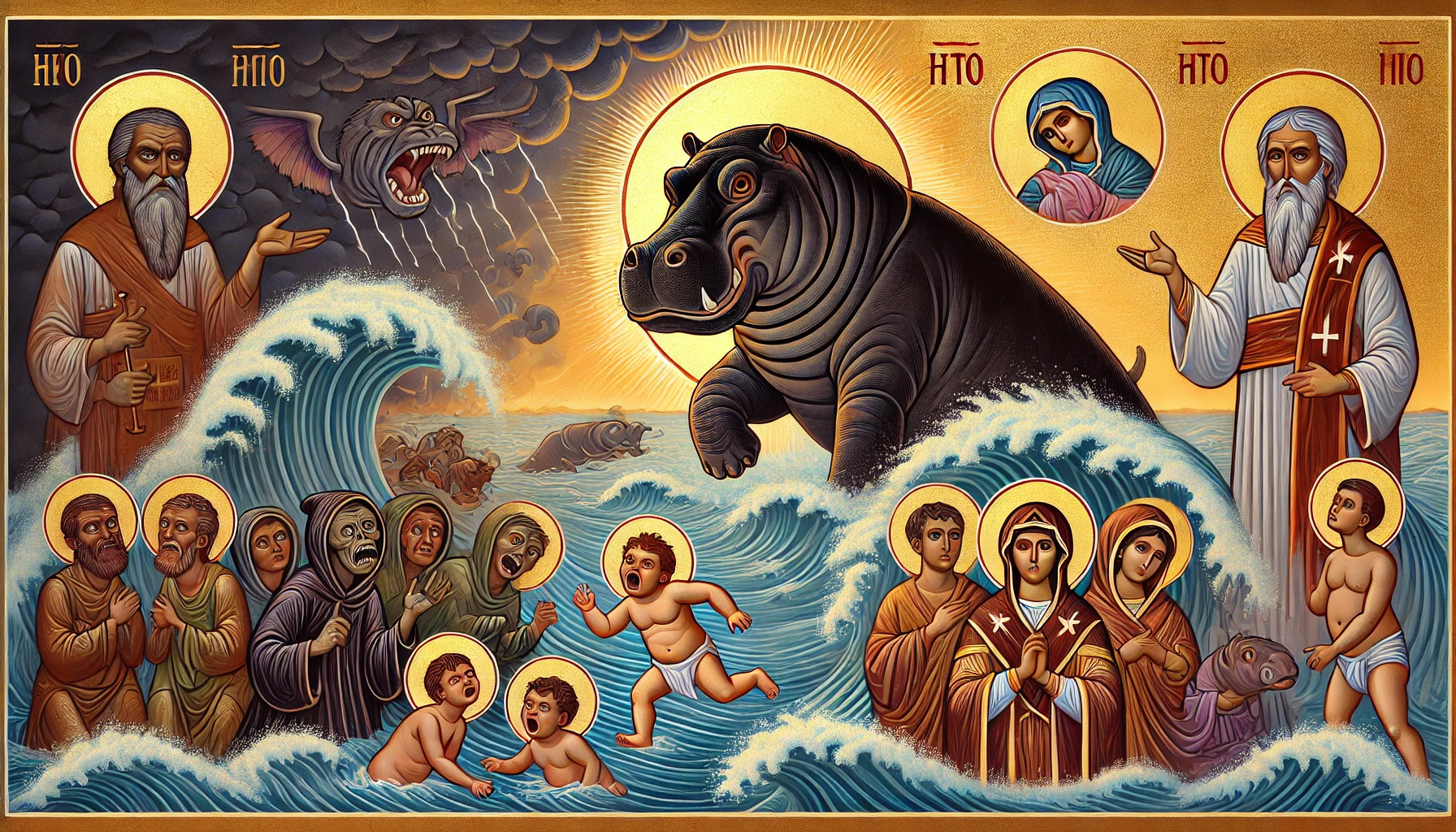 DALL·E-2024-09-13-16.31.37-A-scene-in-the-style-of-Russian-Orthodox-icons_-A-large-solemn-hippopotamus-emerges-from-turbulent-river-waves-with-an-expression-that-shows-anger-s