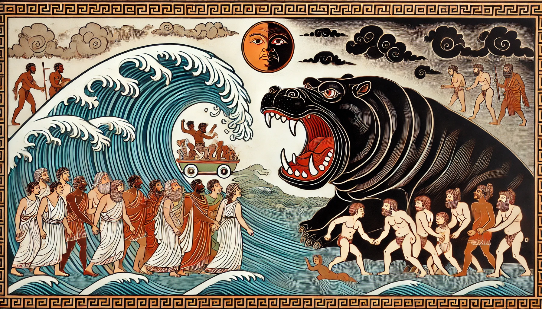 DALL·E-2024-09-13-16.32.34-A-scene-in-the-style-of-ancient-Greek-pottery_-A-large-imposing-hippopotamus-emerges-from-turbulent-river-waves-with-a-facial-expression-that-conveys