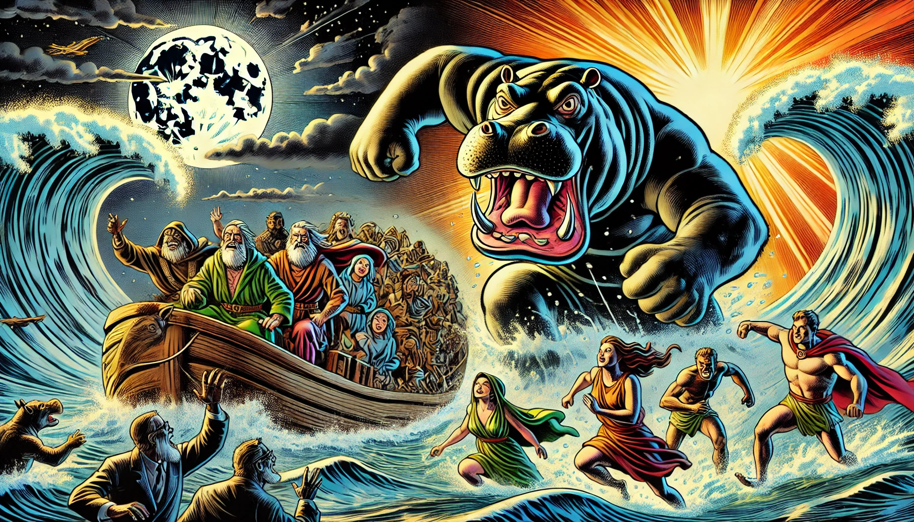 DALL·E-2024-09-13-16.35.07-A-scene-in-the-style-of-American-comic-books_-A-large-powerful-hippopotamus-emerges-from-turbulent-river-waves-with-a-bold-exaggerated-expression-th