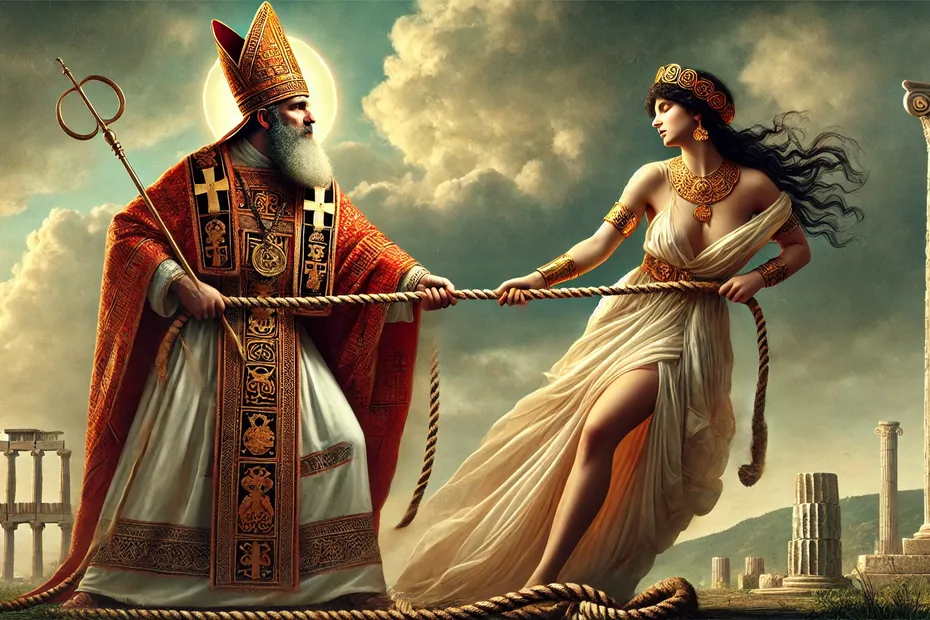 dall·e 2024 12 05 07.32.09 saint nicholas of myra dressed in the traditional czech saint nicholas costume with a bishops mitre and robe is tugging on a rope against the godde