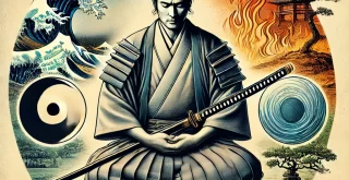 DALL·E 2024 12 18 14.24.22 An artistic illustration in a Japanese samurai style depicting a traditional samurai in meditative pose surrounded by elements symbolizing the five 